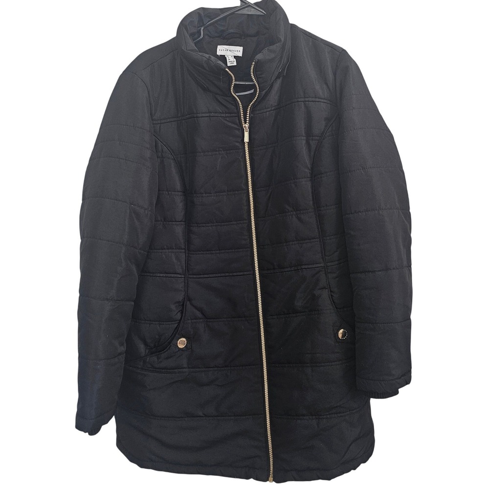 Susan Graver Womens Black Quilted Puffer Gold Zip Stand Collar Size Medium